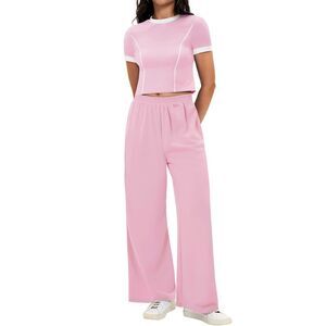 2 Piece Sets Crop Tops Wide Leg Pants Sets Matching Sweatsuit Pink